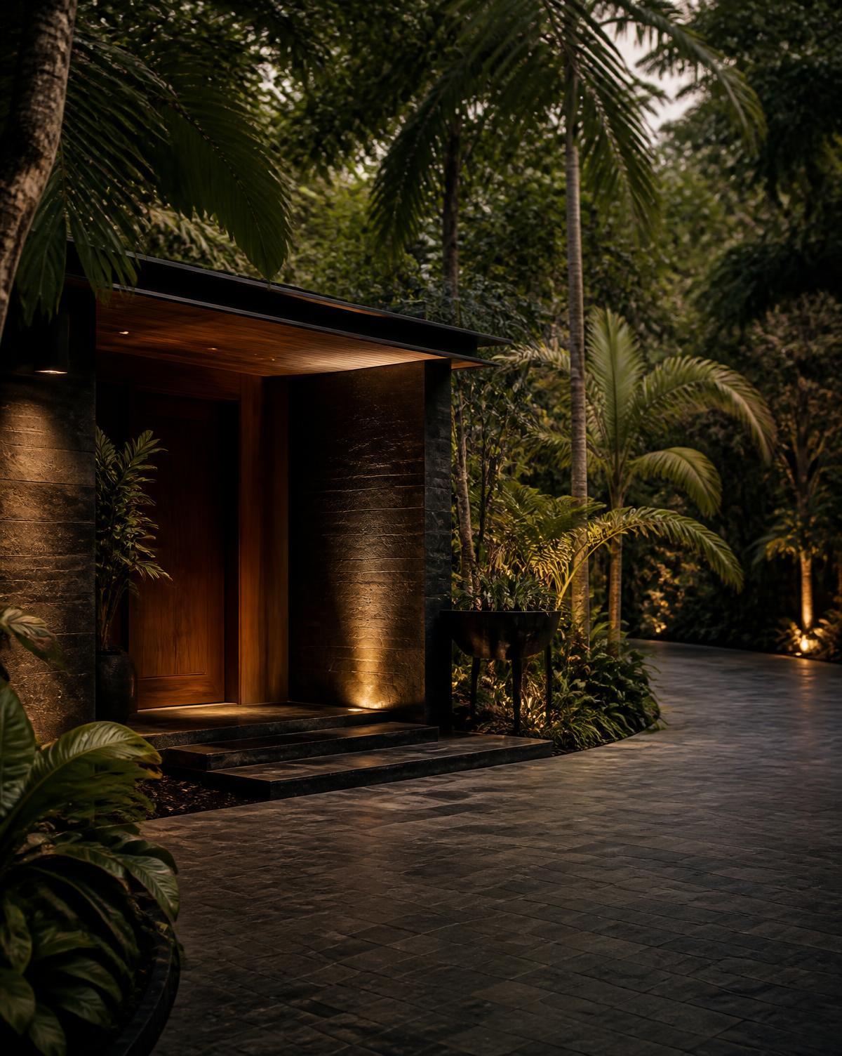 Acceso residencial de piedra y madera iluminado con luz cálida entre vegetación tropical