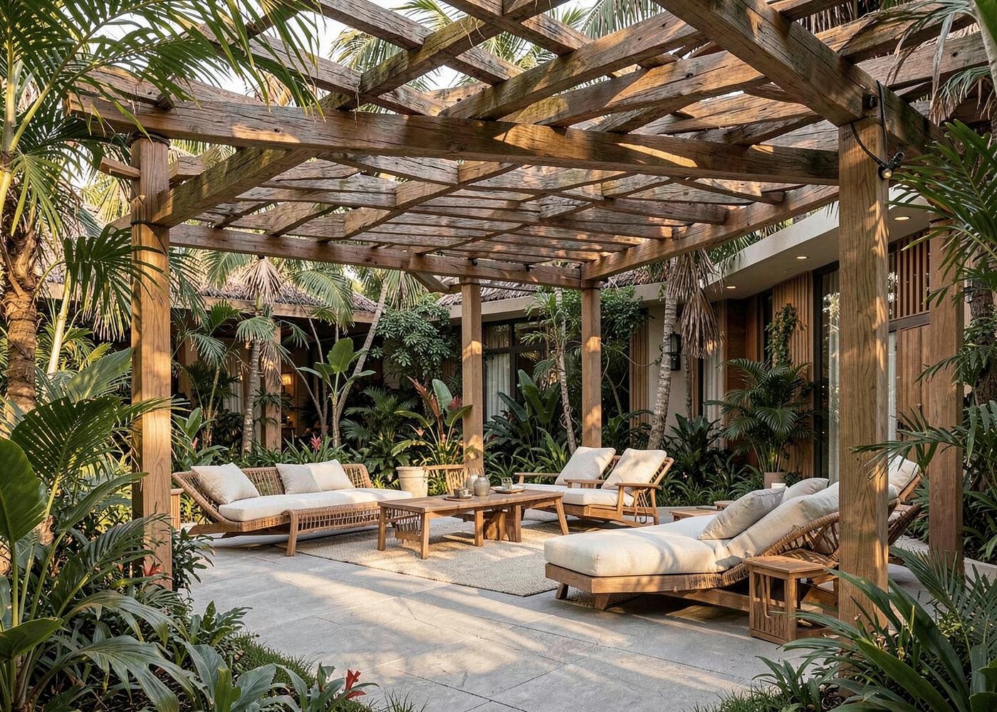 Terraza de casa club con pérgola de madera y vegetación tropical