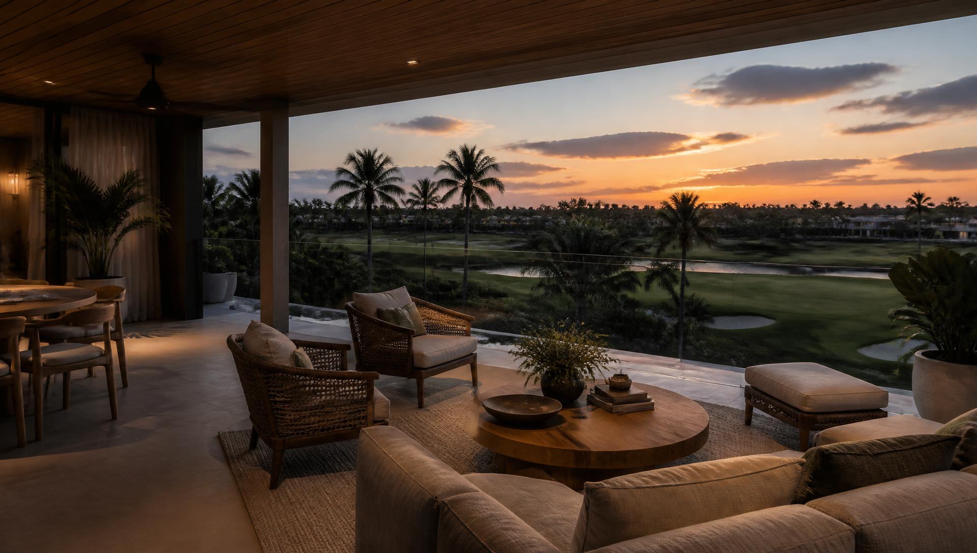 Imagen conceptual: terraza con vista al campo de golf de El Tigre al anochecer