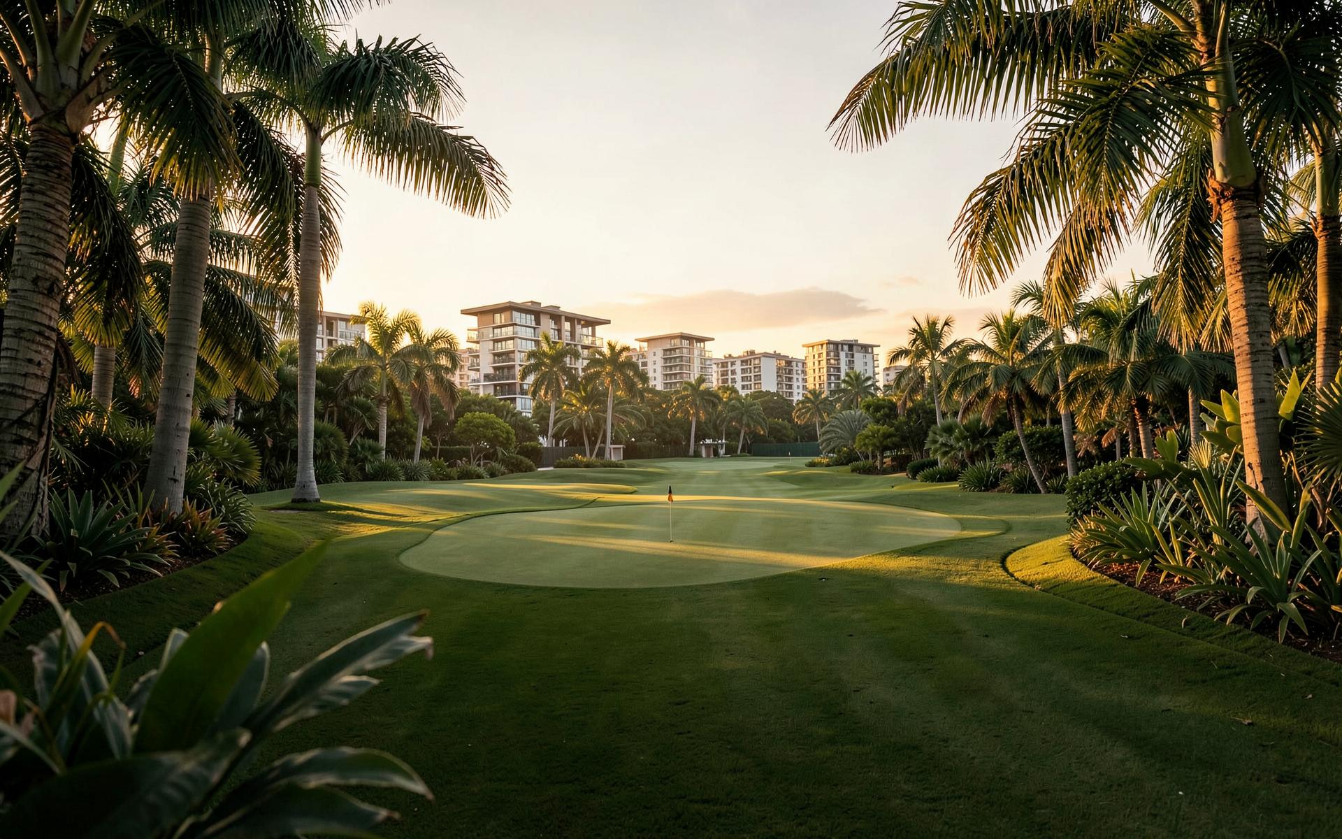 Campo de golf rodeado de vegetación tropical y arquitectura residencial al atardecer