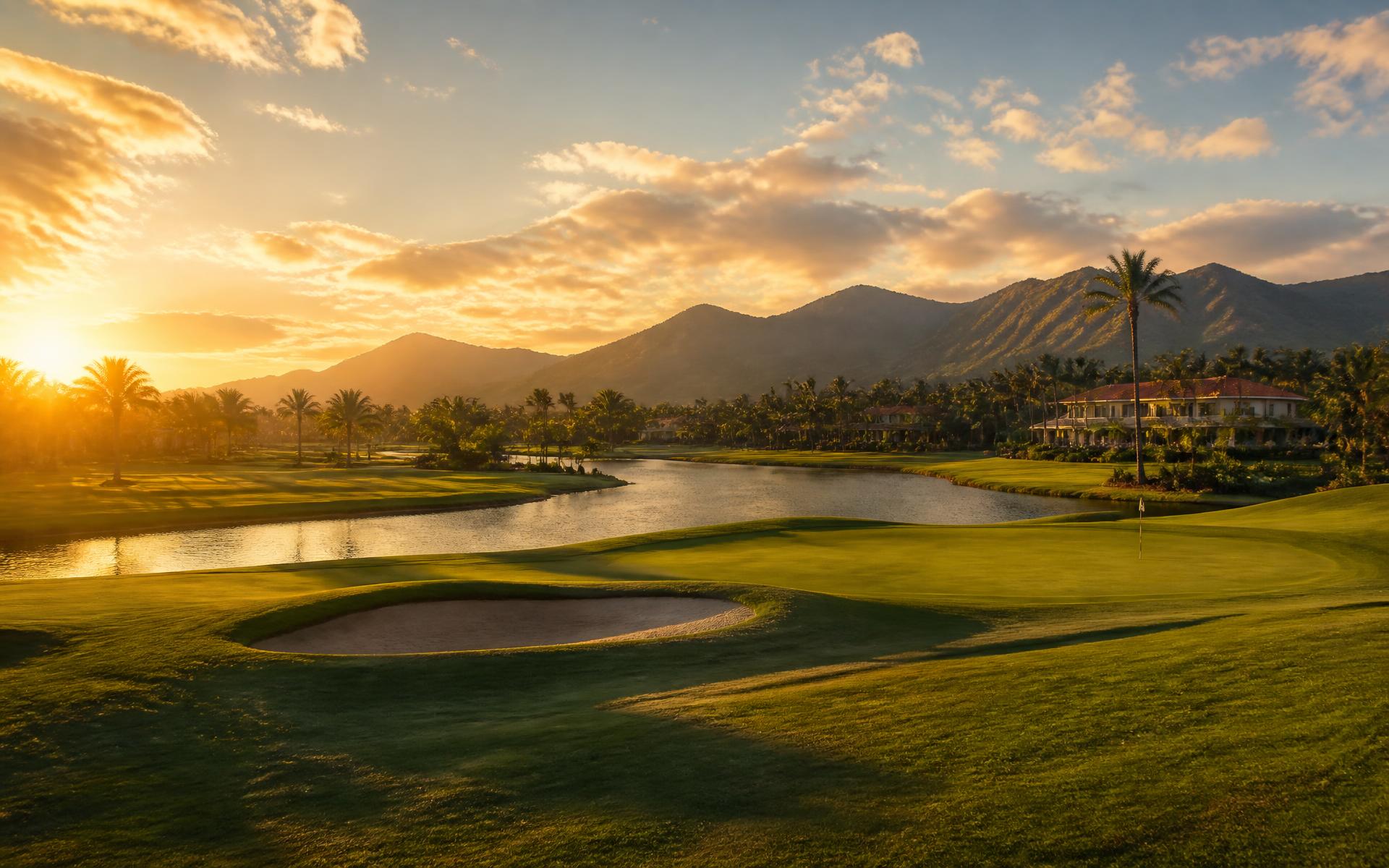 Campo de golf y paisaje residencial de El Tigre al atardecer, Nuevo Vallarta