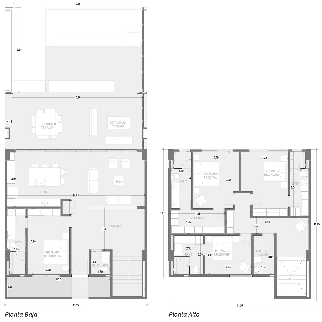 Plano de Villa 2: planta baja y planta alta
