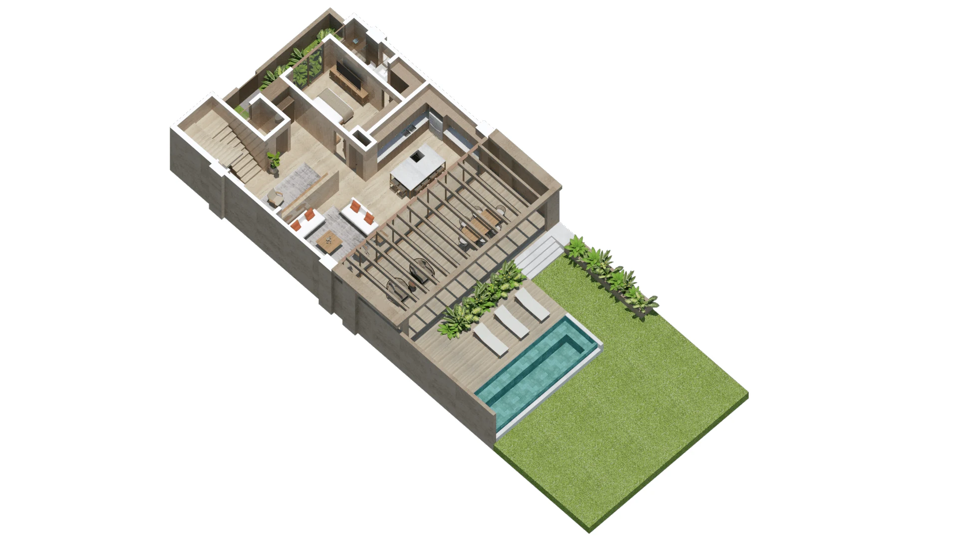 Villa 3: axonométrico de planta baja