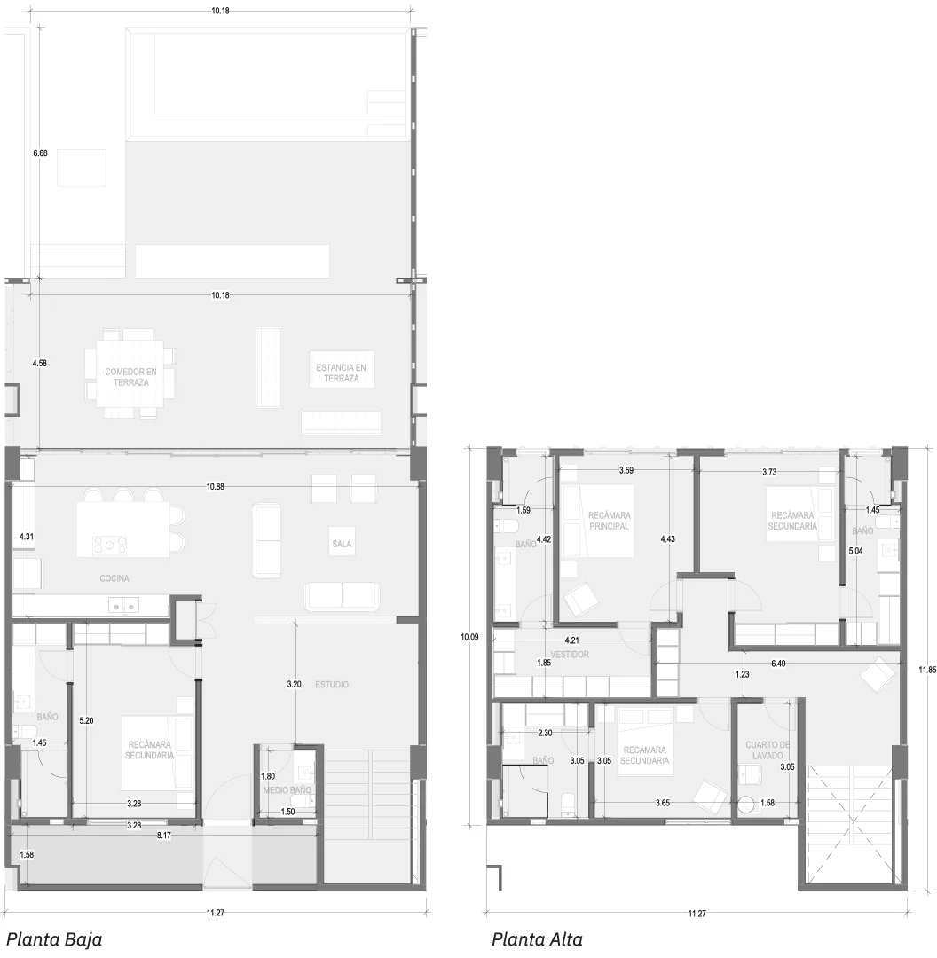 Plano de Villa 1: planta baja y planta alta