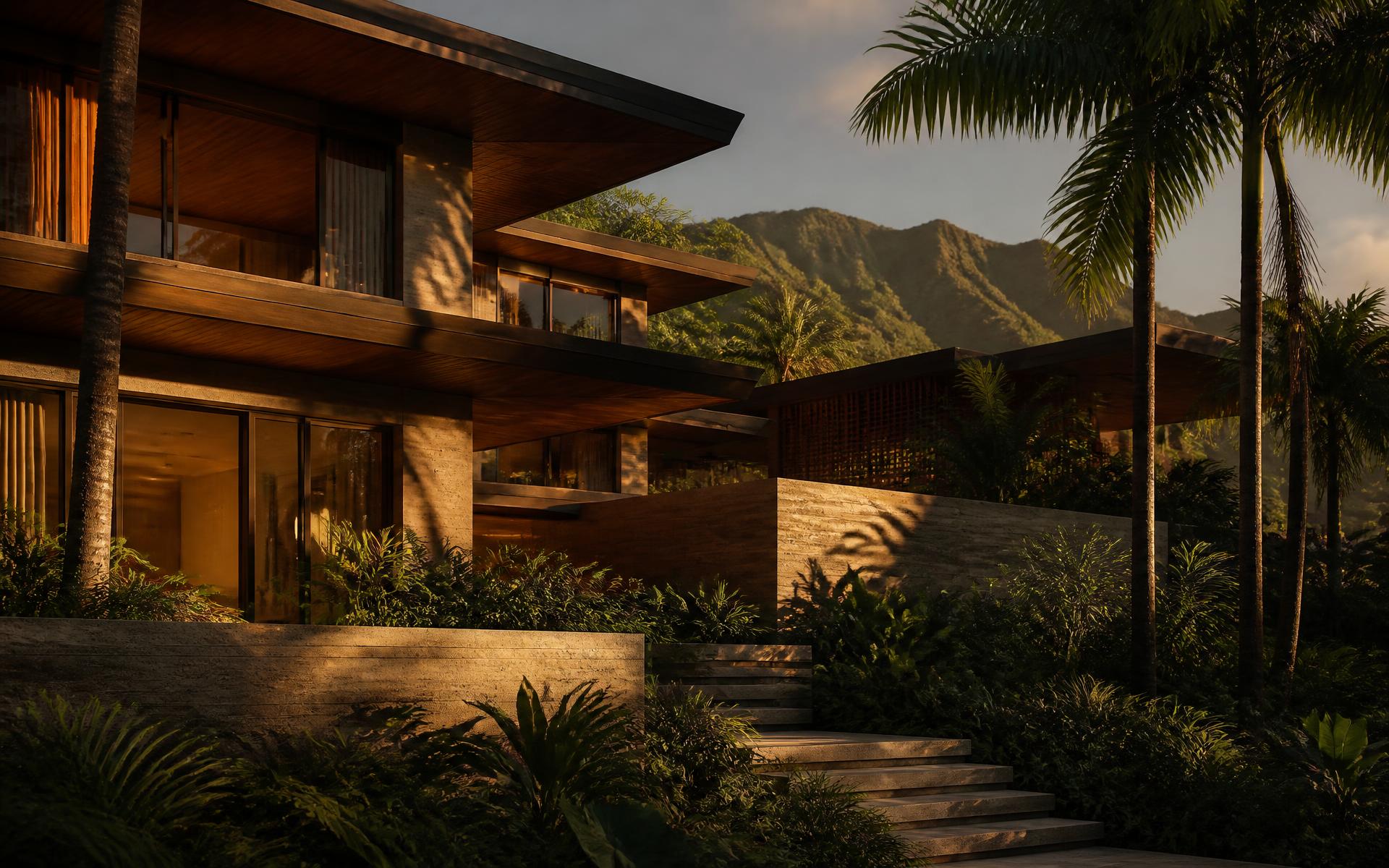 Residencia contemporánea entre vegetación tropical con luz cálida