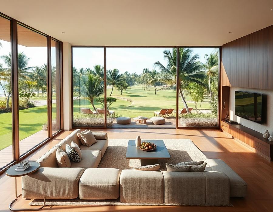 Sala de estar de una residencia Virēo con vista al entorno natural